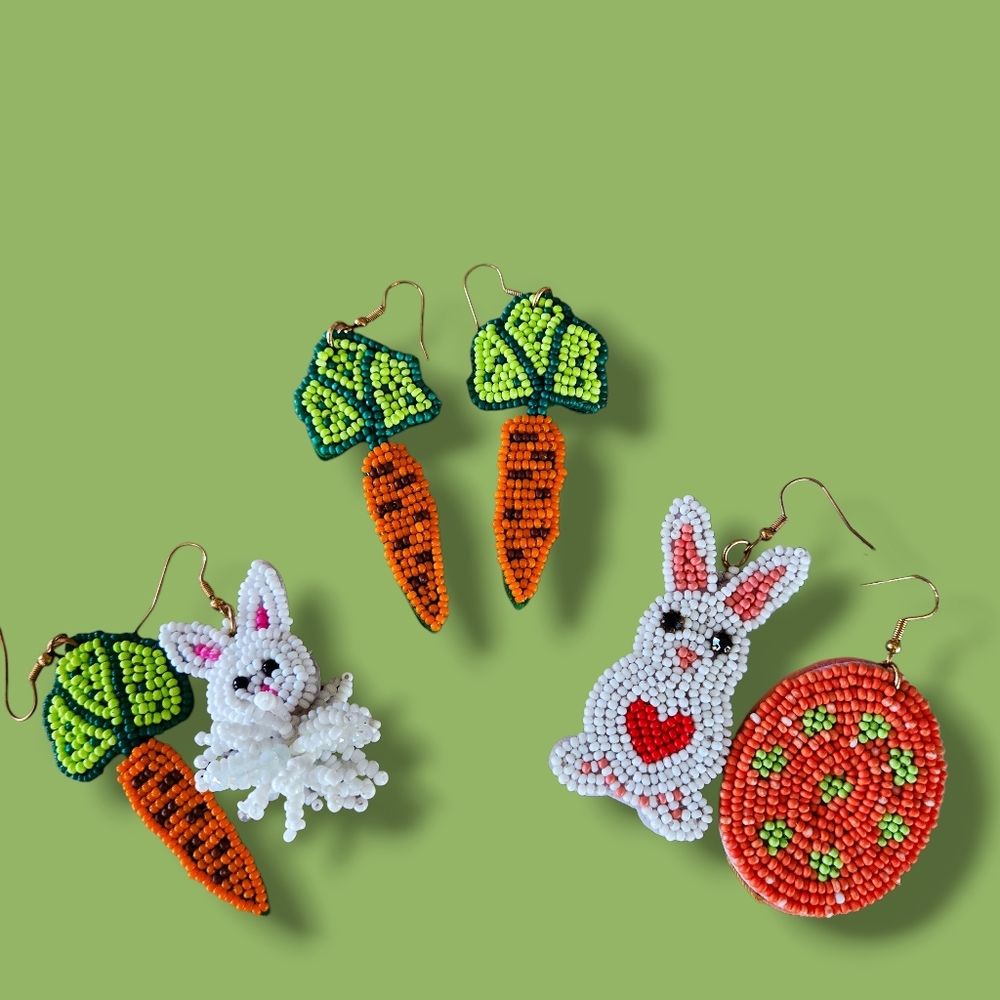 Easter Earrings Fun Festive Hand Beaded  Bunny, Carrot, Egg. 3 Pairs NEW Spring